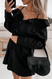 lutaotie Solid Buckle With Belt Off the Shoulder Irregular Dress Dresses