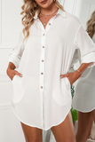 lutaotie Solid Buckle Turndown Collar Shirt Dress