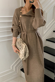 Lutaotie Casual Elegant Solid Buckle With Belt Turtleneck Dresses