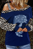 Lutaotie Street Skull Head Leopard Hot Drill Oblique Collar Tops