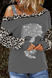 Lutaotie Street Skull Head Leopard Hot Drill Oblique Collar Tops