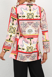 lutaotie Elegant Print Split Joint Buttons Turndown Collar Outerwear