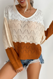 Lutaotie Casual Patchwork Hollowed Out  Contrast V Neck Tops