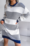 Lutaotie Elegant Striped Split Joint  Contrast O Neck Dresses Sweater  (Without Belt)