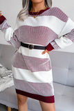 Lutaotie Elegant Striped Split Joint  Contrast O Neck Dresses Sweater  (Without Belt)