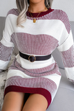 Lutaotie Elegant Striped Split Joint  Contrast O Neck Dresses Sweater  (Without Belt)