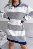 Lutaotie Elegant Striped Split Joint  Contrast O Neck Dresses Sweater  (Without Belt)