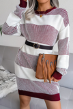 Lutaotie Elegant Striped Split Joint  Contrast O Neck Dresses Sweater  (Without Belt)