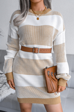 Lutaotie Elegant Striped Split Joint  Contrast O Neck Dresses Sweater  (Without Belt)