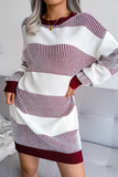 Lutaotie Elegant Striped Split Joint  Contrast O Neck Dresses Sweater  (Without Belt)