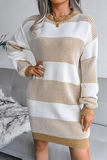 Lutaotie Elegant Striped Split Joint  Contrast O Neck Dresses Sweater  (Without Belt)