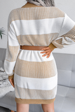 Lutaotie Elegant Striped Split Joint  Contrast O Neck Dresses Sweater  (Without Belt)