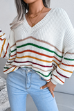 Lutaotie Casual Striped Split Joint V Neck Tops Sweater