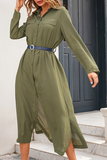 Lutaotie Casual Solid Buckle Slit With Belt Turndown Collar Shirt Dress Dresses