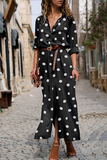 Lutaotie Casual Polka Dot Buckle Slit Turndown Collar Shirt Dress Dresses  (Without Belt)