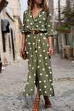 Lutaotie Casual Polka Dot Buckle Slit Turndown Collar Shirt Dress Dresses  (Without Belt)