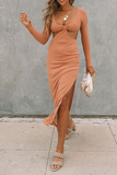 Lutaotie Elegant Solid Hollowed Out Slit V Neck Pencil Skirt Dresses