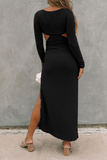 Lutaotie Elegant Solid Hollowed Out Slit V Neck Pencil Skirt Dresses