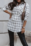 Lutaotie Casual Plaid Pocket Buckle With Belt Turndown Collar Tops(3 colors)