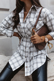 Lutaotie Casual Plaid Pocket Buckle With Belt Turndown Collar Tops(3 colors)