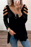 lutaotie Solid Hollowed Out Zipper V Neck Tops