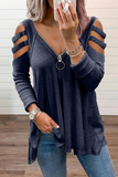 lutaotie Solid Hollowed Out Zipper V Neck Tops