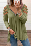 lutaotie Solid Hollowed Out Zipper V Neck Tops