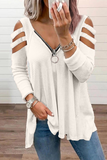 lutaotie Solid Hollowed Out Zipper V Neck Tops