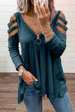 lutaotie Solid Hollowed Out Zipper V Neck Tops