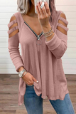 lutaotie Solid Hollowed Out Zipper V Neck Tops