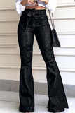 Lutaotie Casual Solid Split Joint Mid Waist Boot Cut Denim Jeans