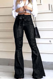 Lutaotie Casual Solid Split Joint Mid Waist Boot Cut Denim Jeans