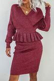 Lutaotie Fashion Elegant Solid Split Joint Flounce V Neck Long Sleeve Two Pieces