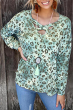 Lutaotie Casual Leopard Hollowed Out Split Joint V Neck Tops(3 colors)