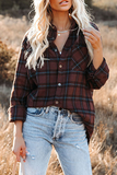 Lutaotie Casual Plaid Pocket Buckle Turndown Collar Tops