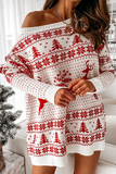 Lutaotie Casual Wapiti Snowflakes Christmas Tree Printed Patchwork Contrast O Neck Dresses Sweater