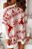 Lutaotie Casual Wapiti Snowflakes Christmas Tree Printed Patchwork Contrast O Neck Dresses Sweater