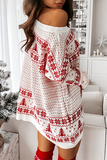 Lutaotie Casual Wapiti Snowflakes Christmas Tree Printed Patchwork Contrast O Neck Dresses Sweater