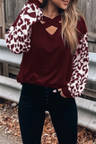 Lutaotie Casual Leopard Hollowed Out Split Joint V Neck Tops