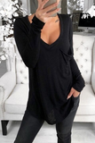 lutaotie Solid Split Joint Pocket V Neck Tops