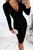 Lutaotie Fashion Elegant Solid Slit With Belt V Neck Wrapped Skirt Dresses