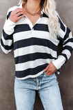 Lutaotie Casual Striped Split Joint Buckle Turndown Collar Tops