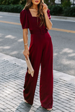 Lutaotie Fashion Elegant Solid Fold With Belt Square Collar Jumpsuits