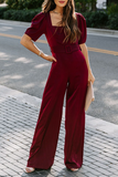 Lutaotie Fashion Elegant Solid Fold With Belt Square Collar Jumpsuits