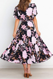 Lutaotie Fashion Elegant Floral Flounce Strap Design V Neck Waist Skirt Dresses(4 Colors)