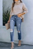 Lutaotie Casual Solid Ripped Mid Waist Skinny Denim Jeans