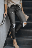 Lutaotie Casual Solid Ripped Mid Waist Skinny Denim Jeans