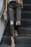 Lutaotie Casual Solid Ripped Mid Waist Skinny Denim Jeans