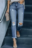 Lutaotie Casual Solid Ripped Mid Waist Skinny Denim Jeans