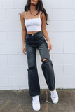 Lutaotie Casual Solid Ripped Straight Denim Jeans